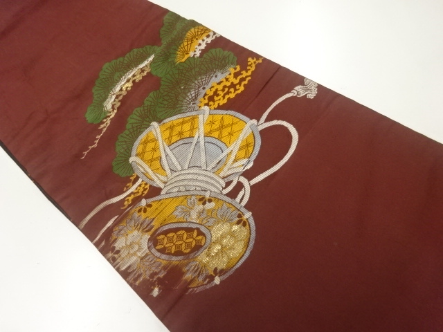JAPANESE KIMONO / ANTIQUE CHUYA OBI / SILK / WOVEN DRUM & PINE